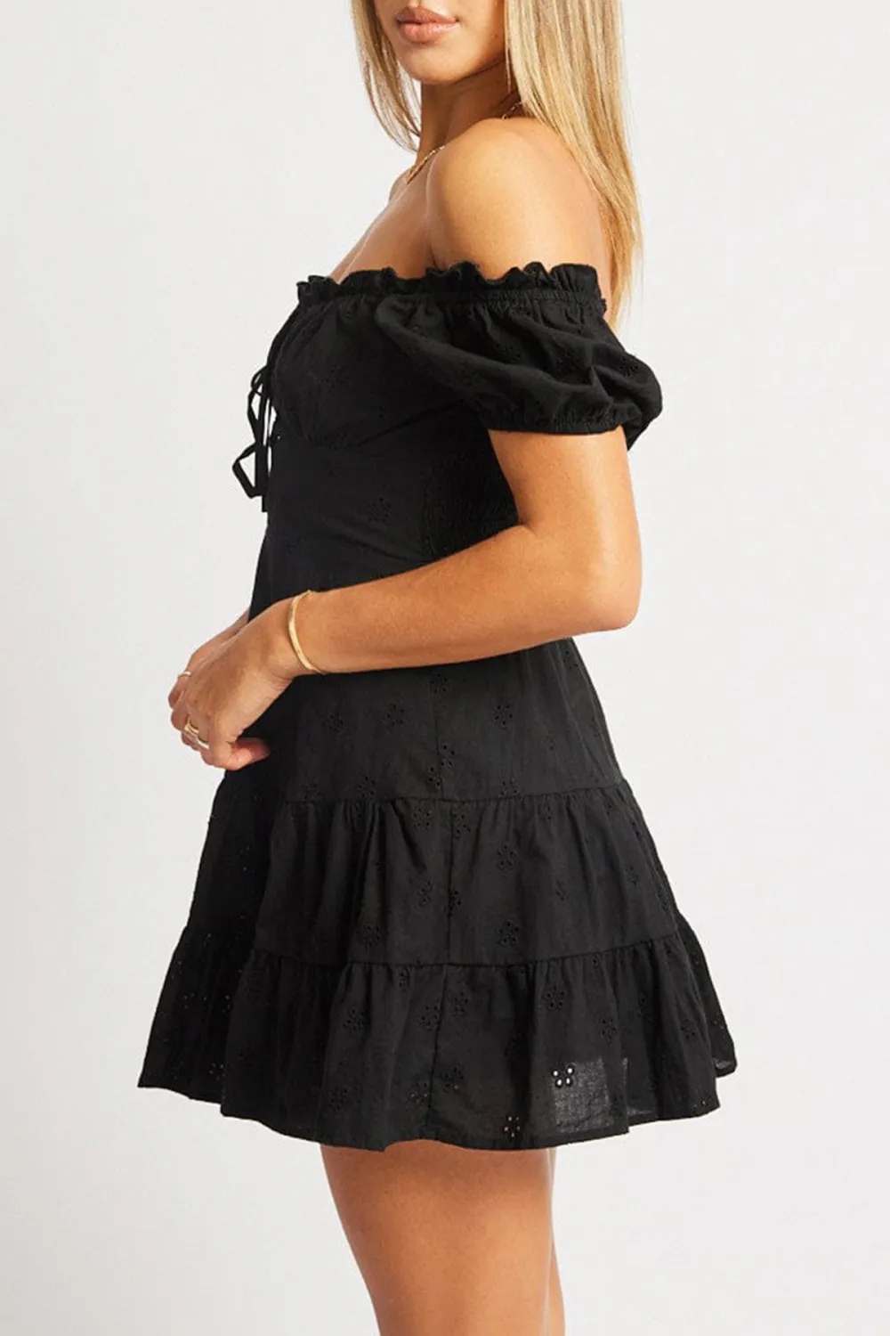 Black Fit And Flare Dress Short Sleeve Eyelet Fabric