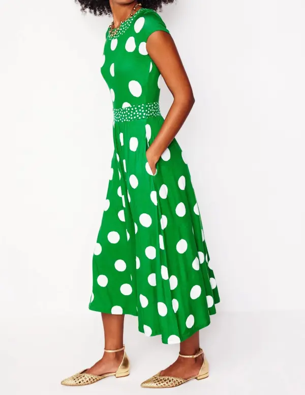 Green Polka - Dot Short - Sleeve Midi Dress