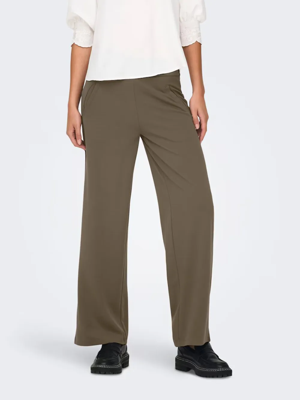 Wide-Leg Smooth Fabric Casual Style Pants