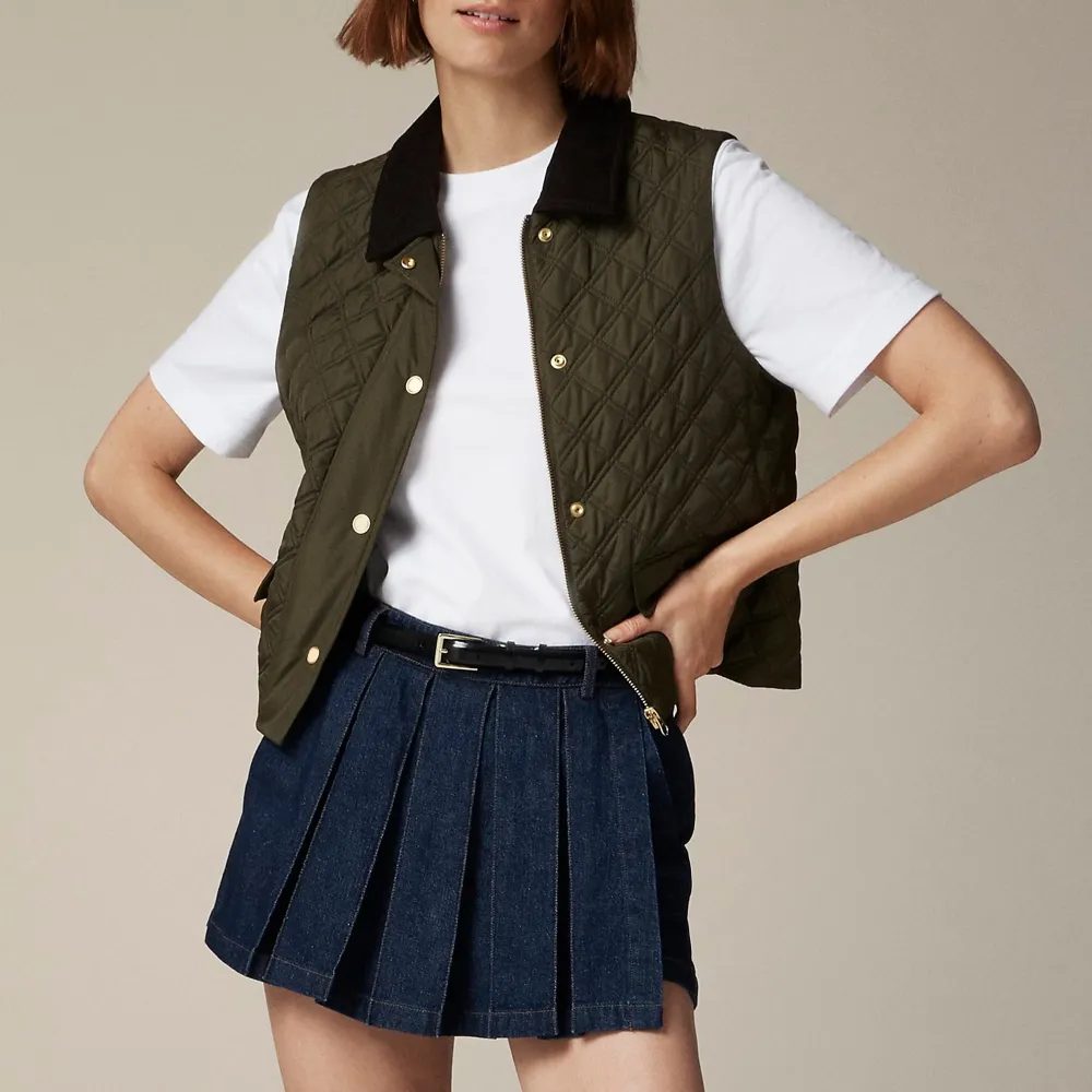 Corduroy-trim Quilted Vest In Green