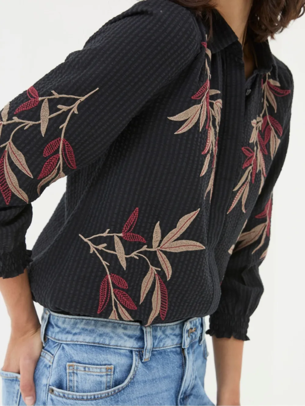 Black Plants Printed Button Shirt