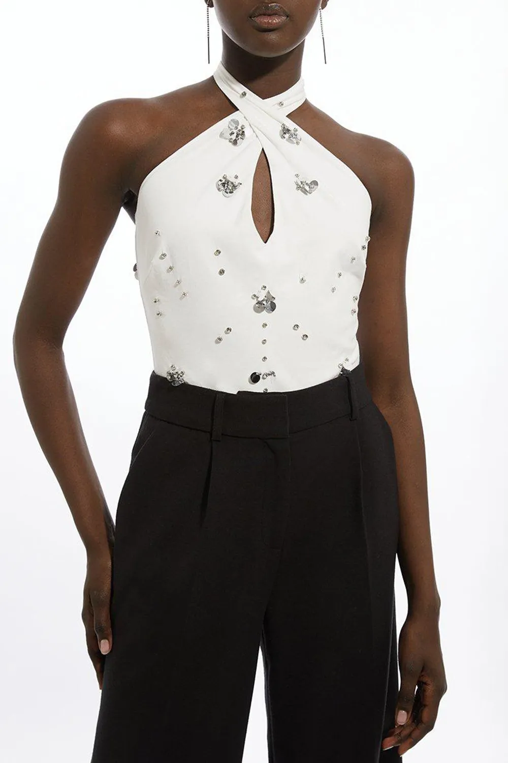 Embellished Stretch Cotton Halterneck Bodysuit