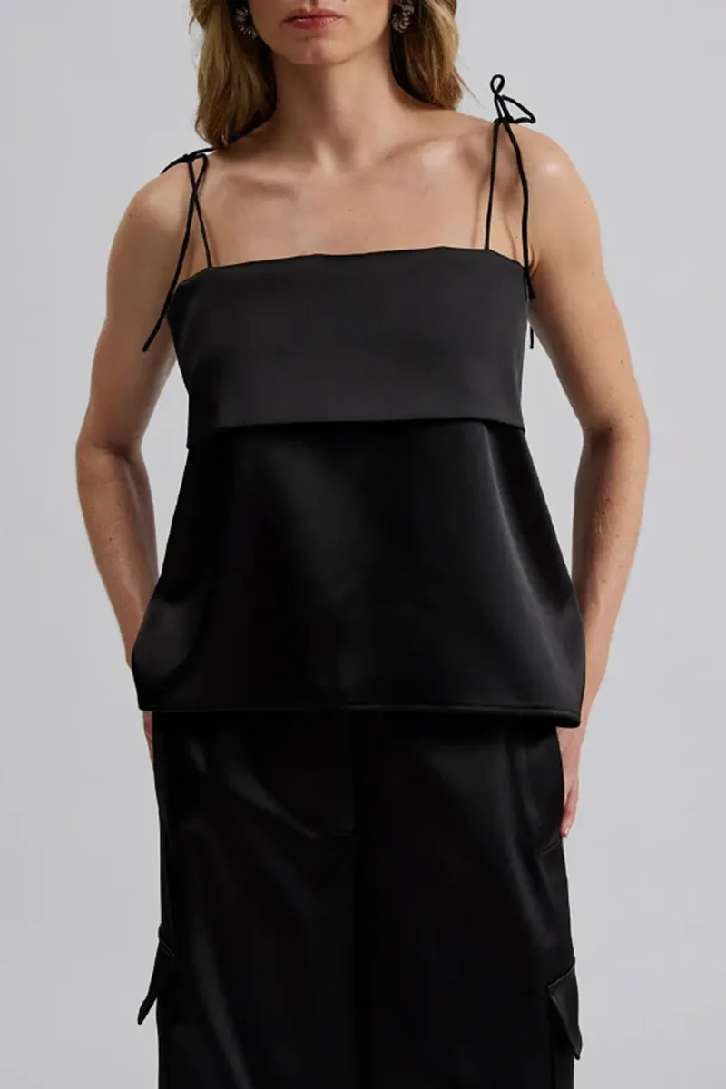 Black Strappy Backless Satin Tops