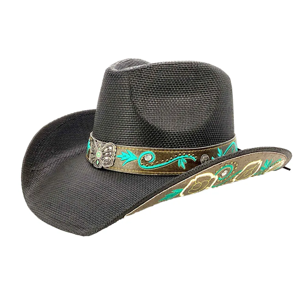 Straw Cowboy Hat with Turquoise Embroidered Band