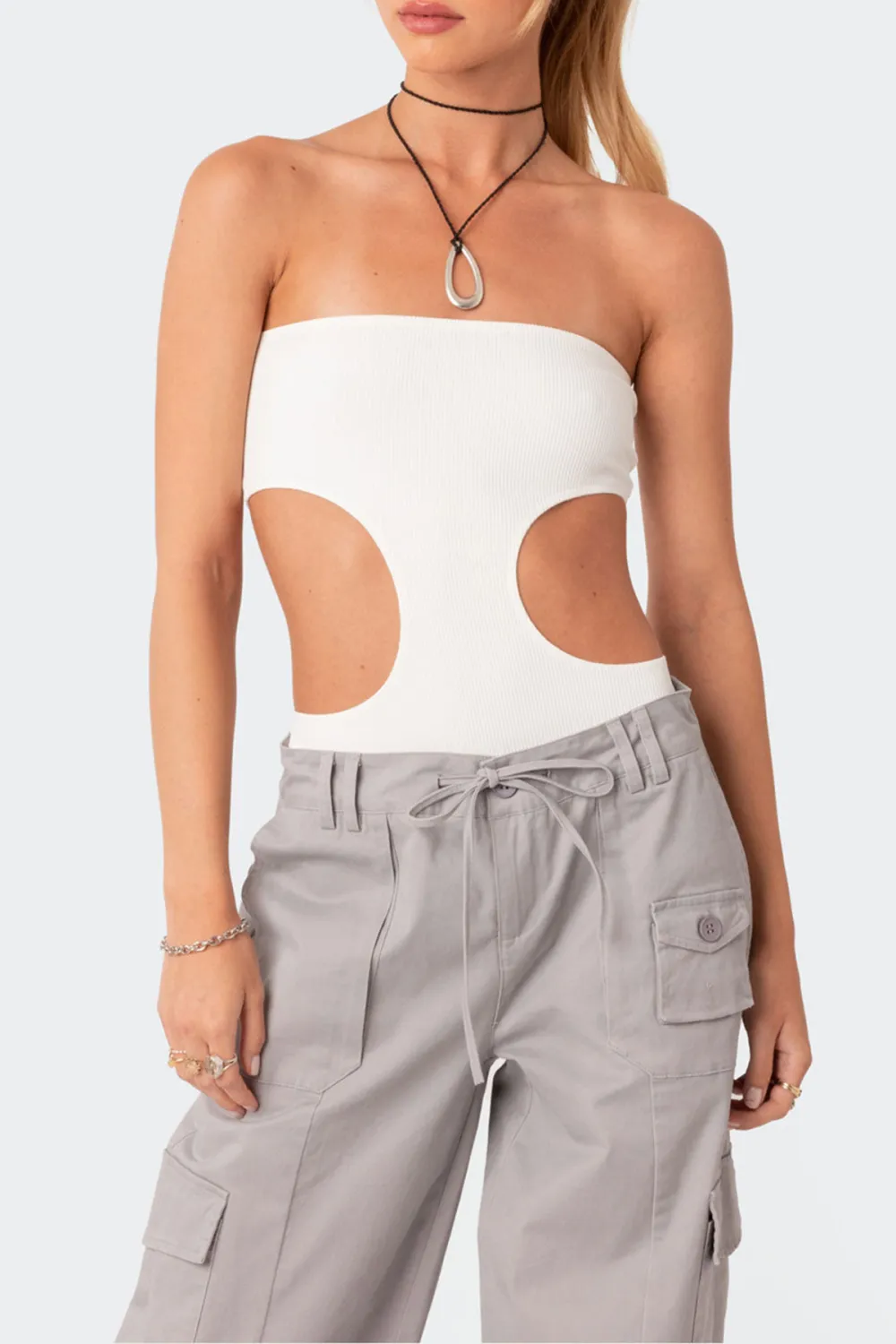Ribbed Cut Out Bodysuit White