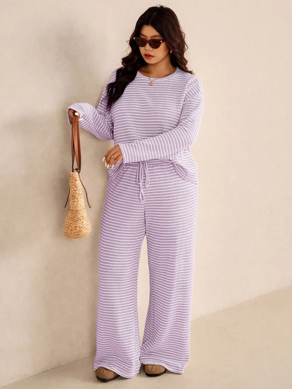Women's Plus Size Loose Striped Long Sleeve 2pc Set