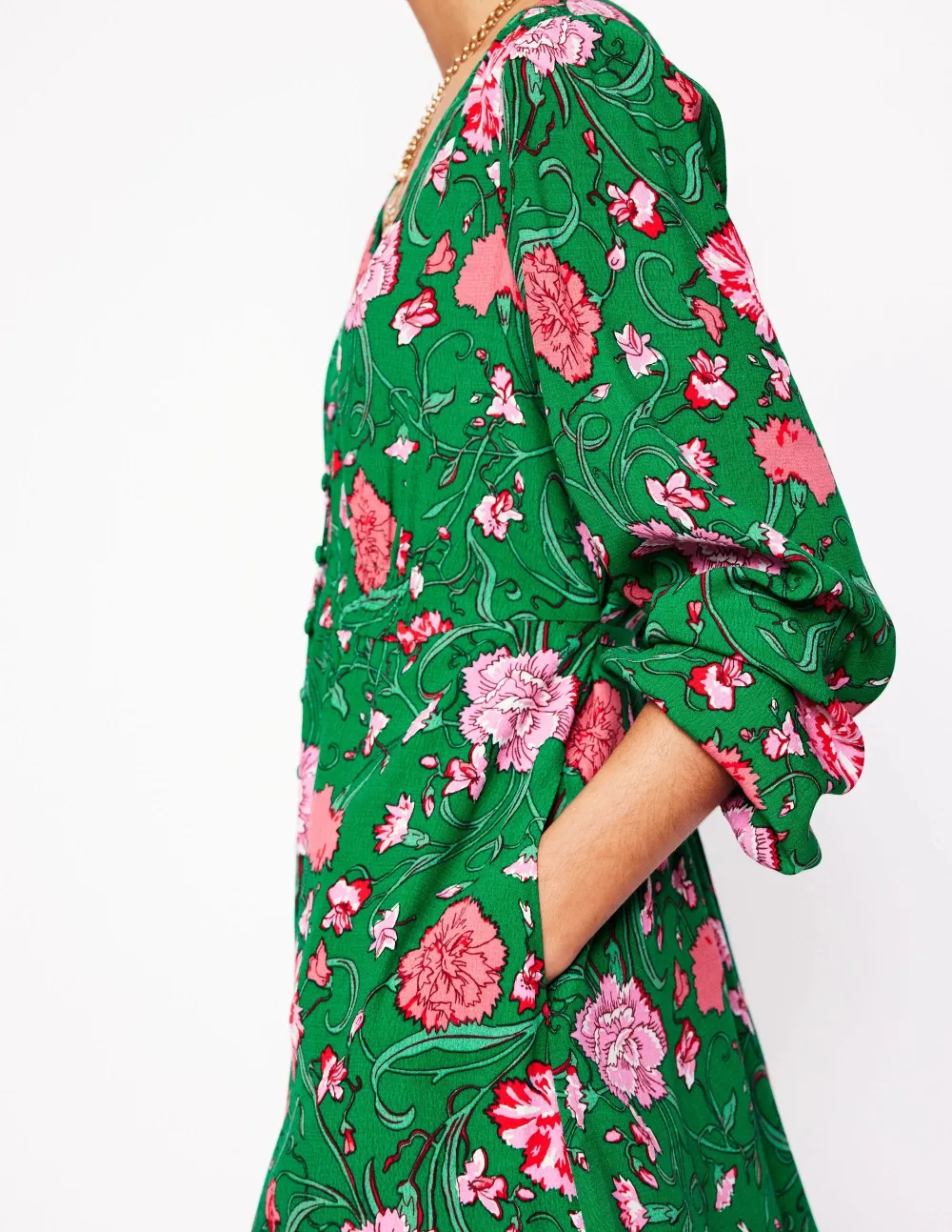 Green Floral Button - Front Tea Dress