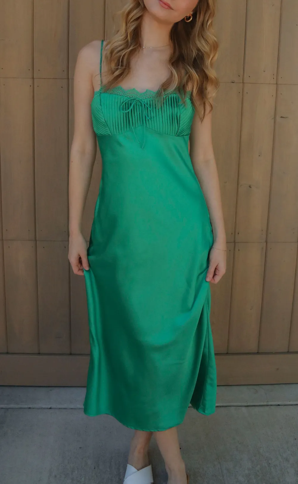 Green Ruched Spaghetti Strap Maxi Dress