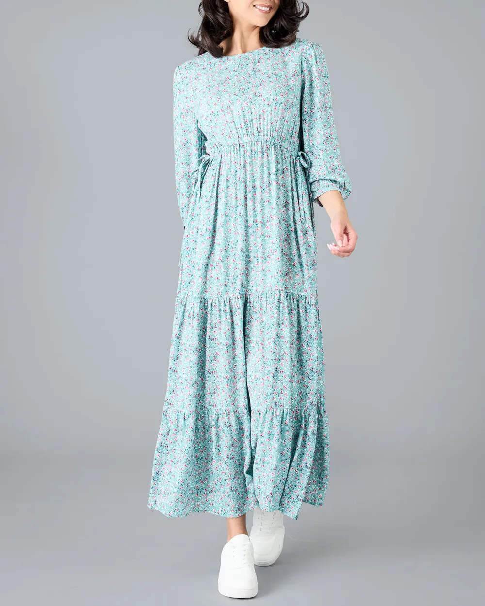 Blue Floral Print Tiered Maxi Dress