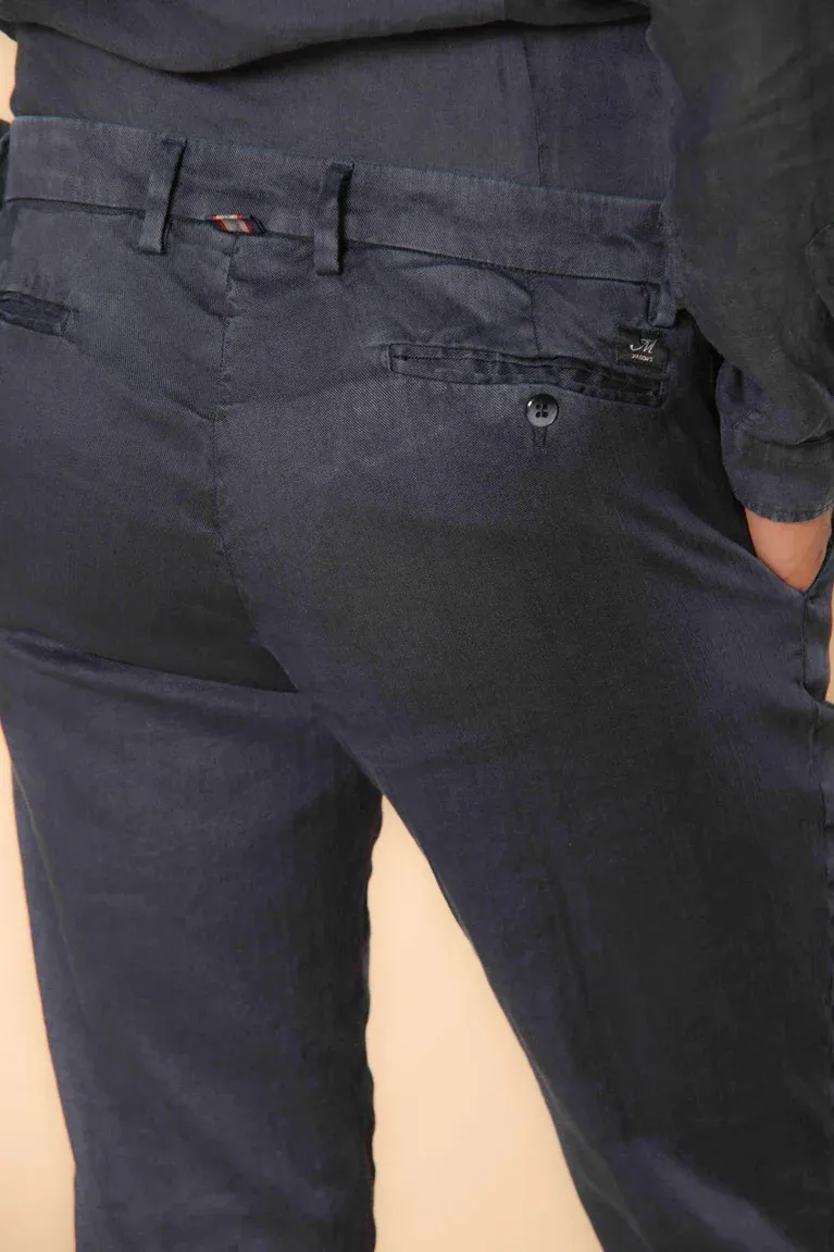 Men's Navy Linen and Cotton Twill Regular Fit Slim Straight Trousers