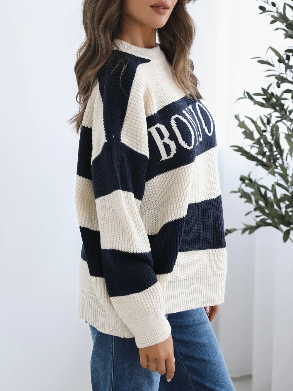 Navy Multi Casual Style Crew Neck Knit