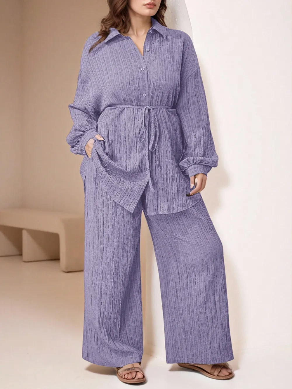 Women's Plus Size Plain Button-Up 2pc Set