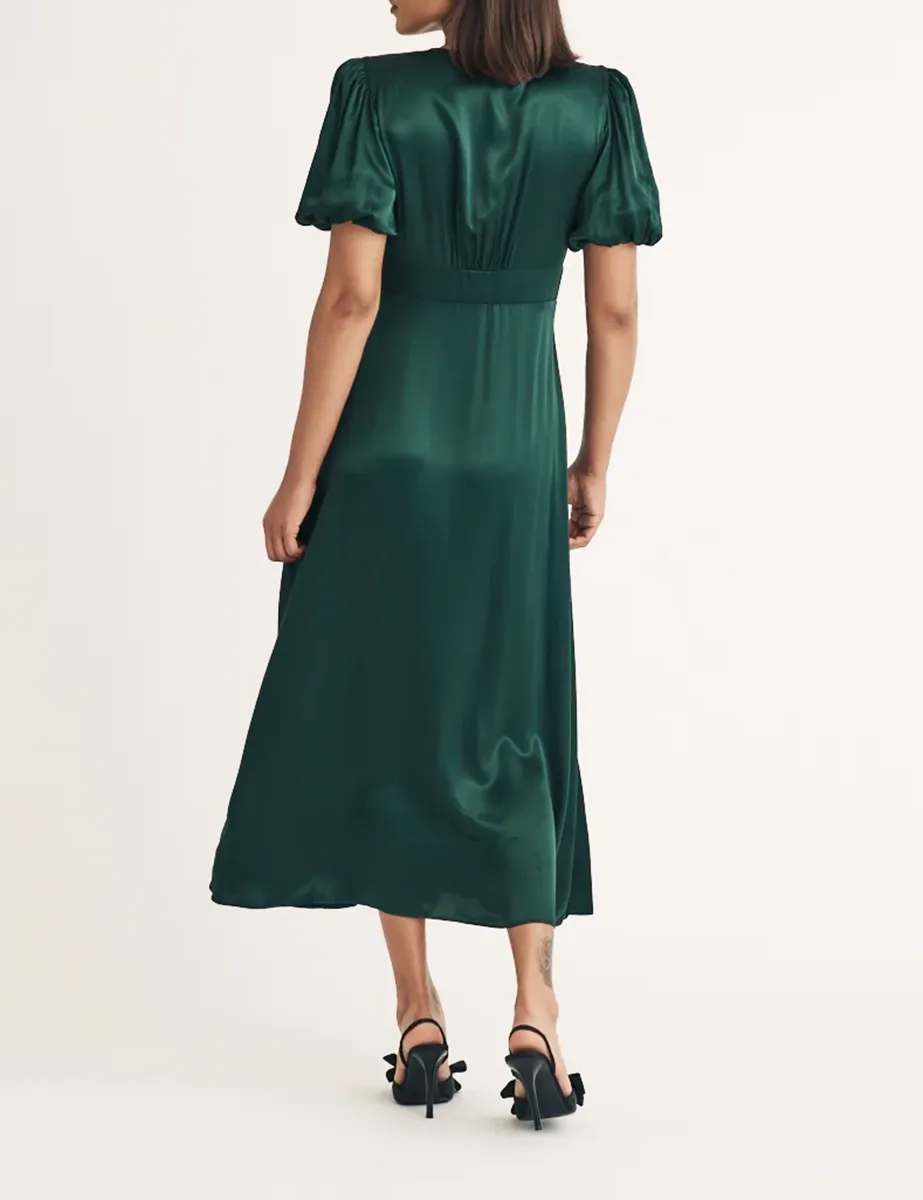 Green V-Neck Short Sleeve Midi Dress