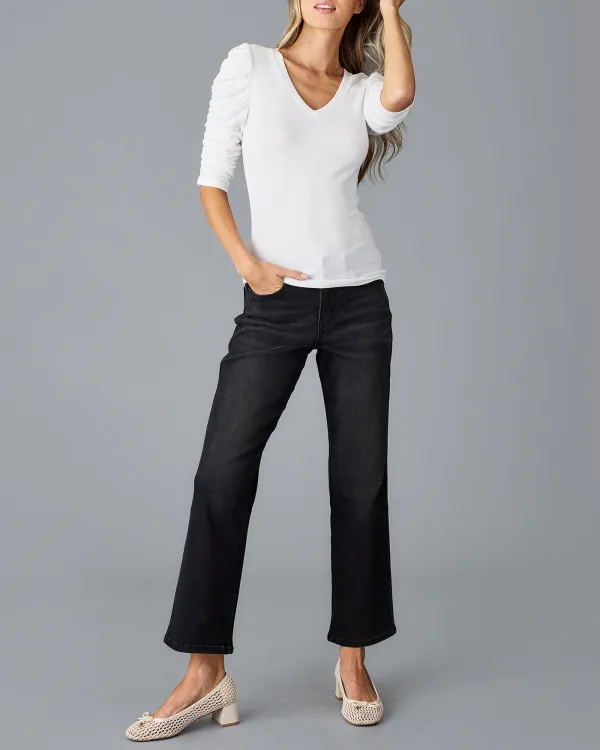 Elegant White V-Neck Blouse With Puff Sleeves