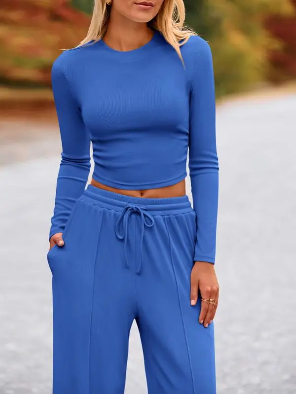 Ribbed Knit Long Sleeve Crop Top Wide Leg Pants