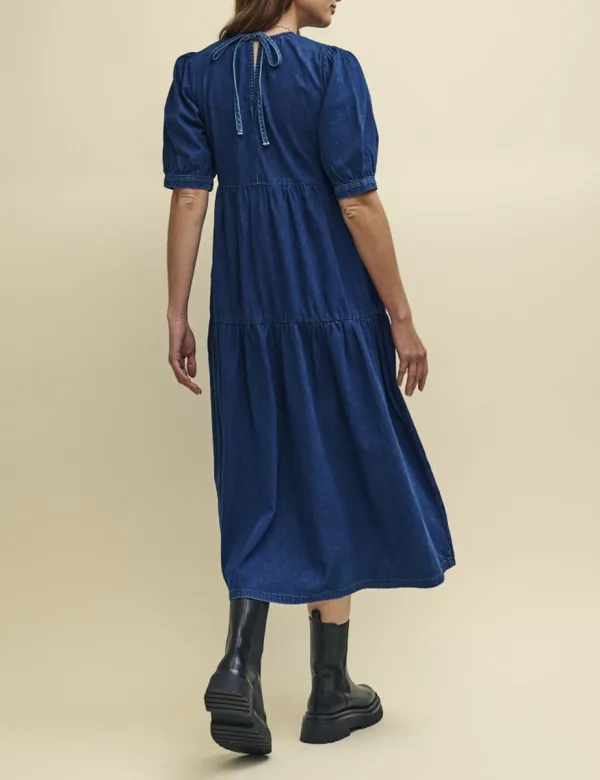 Denim Tiered Skirt Midi Dress