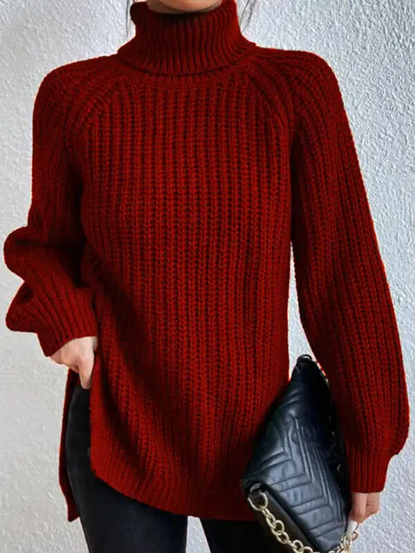 💥HOT SALE📢 Long Sleeves Loose Solid Color Split-Side High Neck Pullovers Sweater