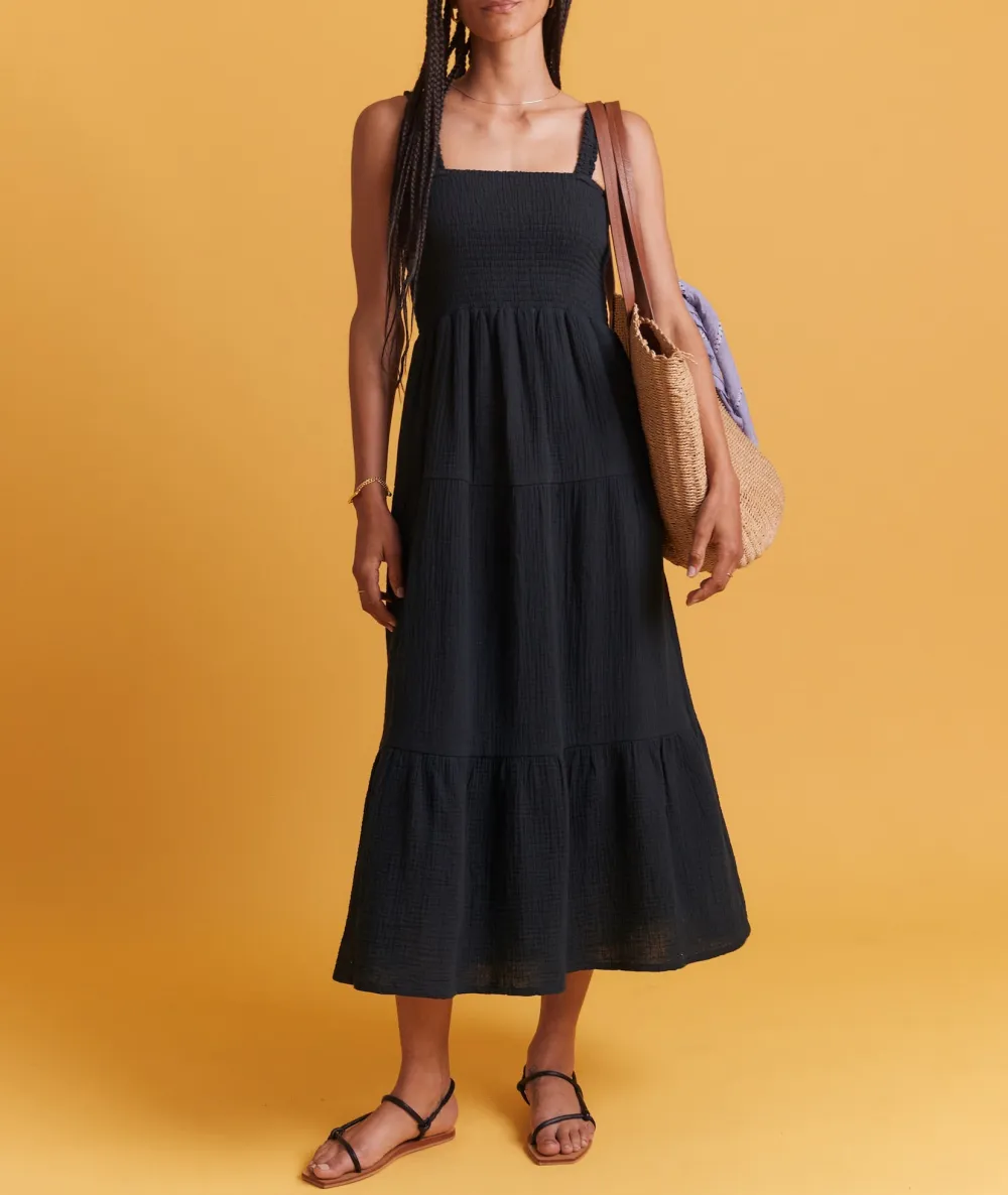 Black Strappy Smocked Maxi Dress