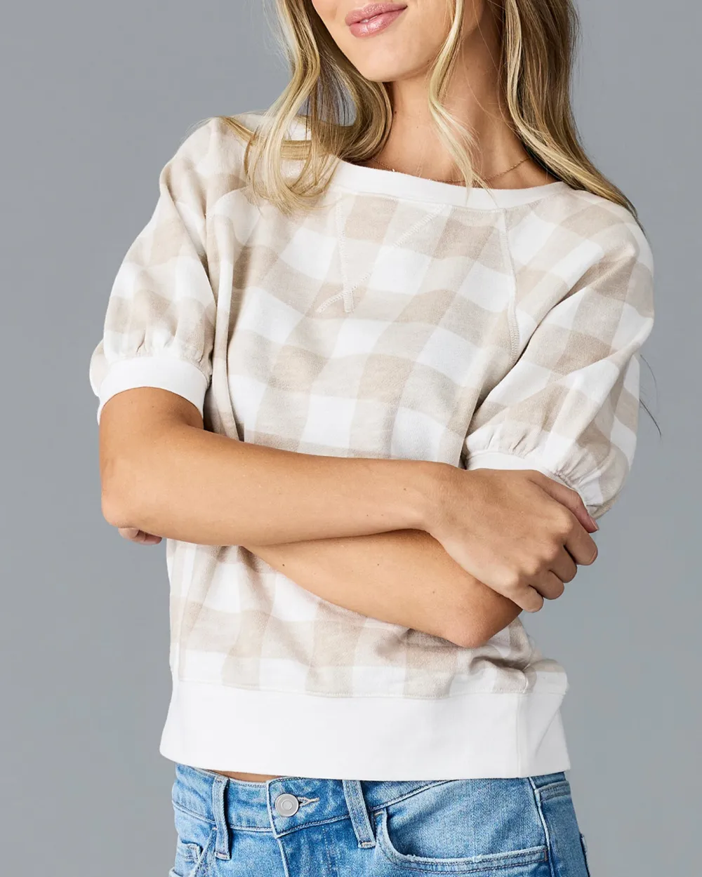 Cream Colored Checkered Short Sleeve Sweater