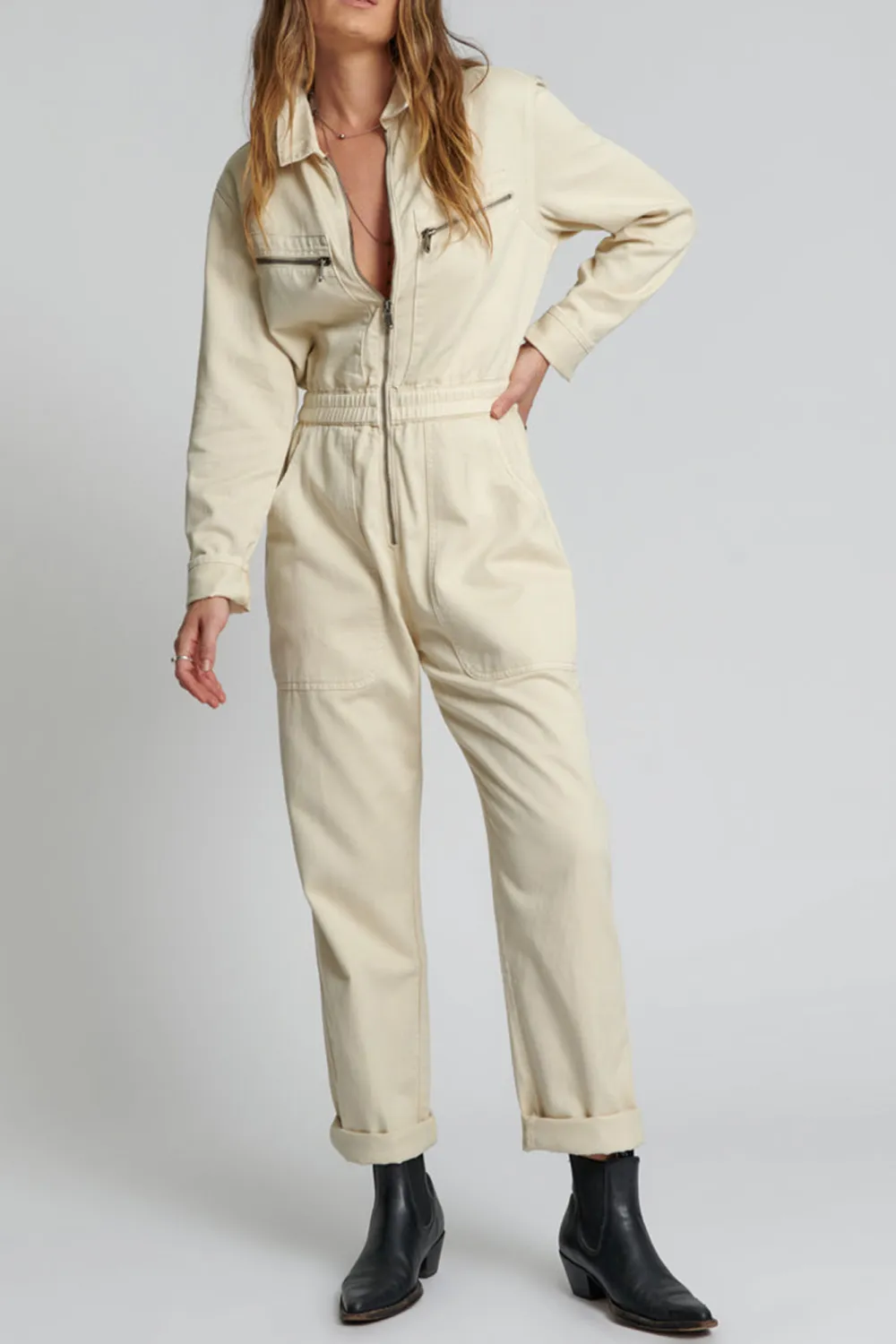 Cream High-End Minimalist Waist-Cinching Jumpsuit