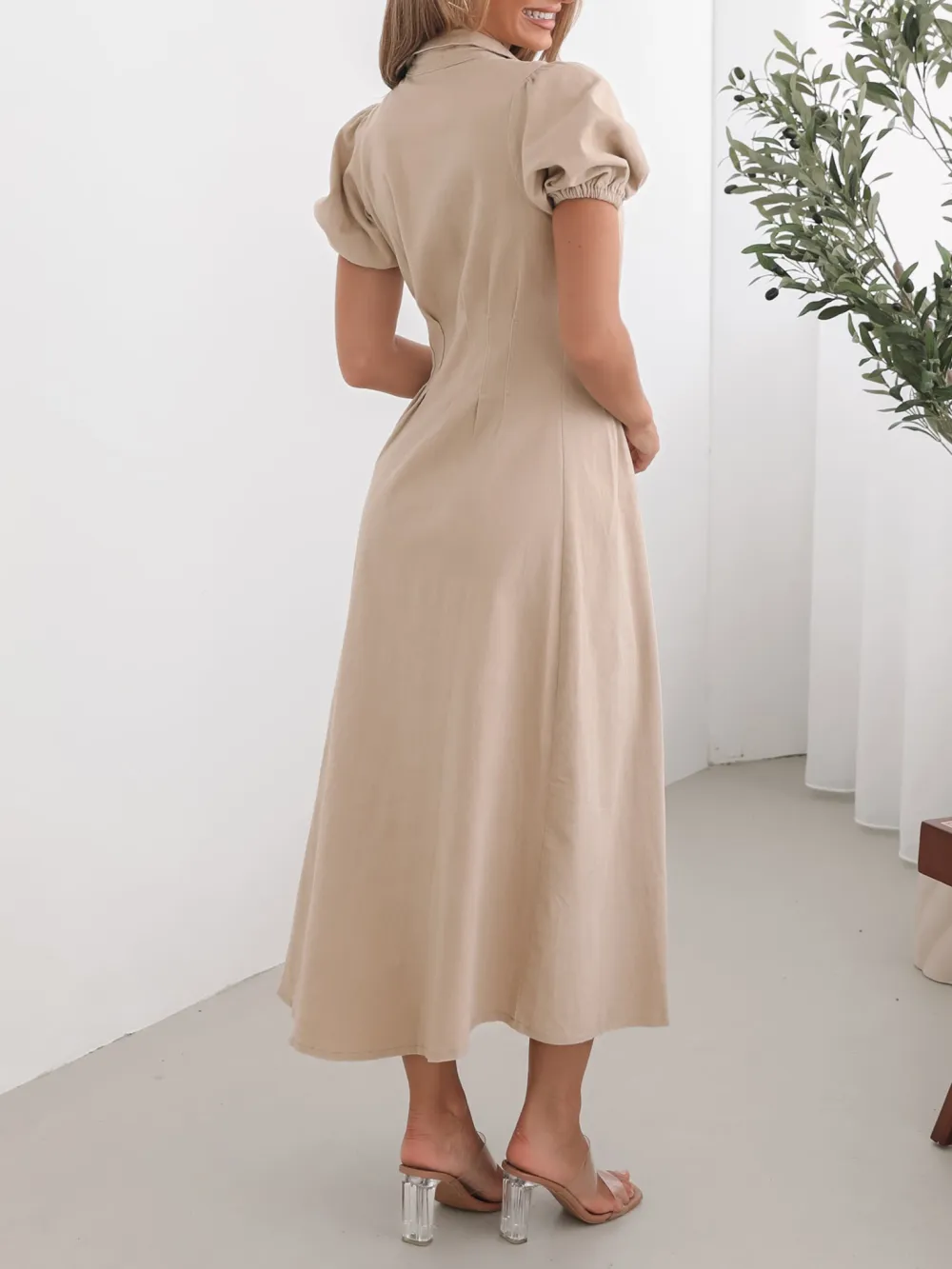 Beige Short Puff Sleeves Dress