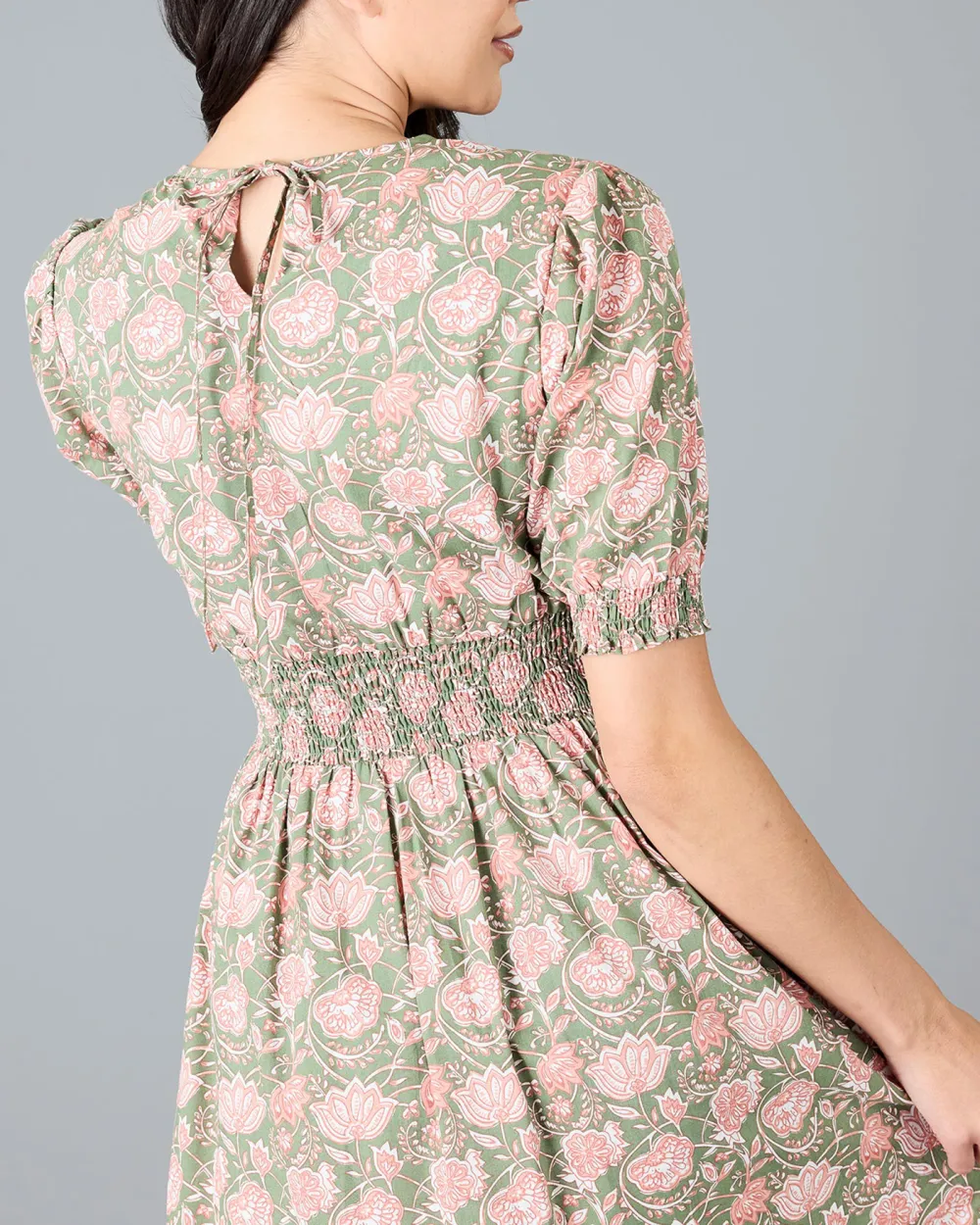 Green Pink Floral Print Midi Dress