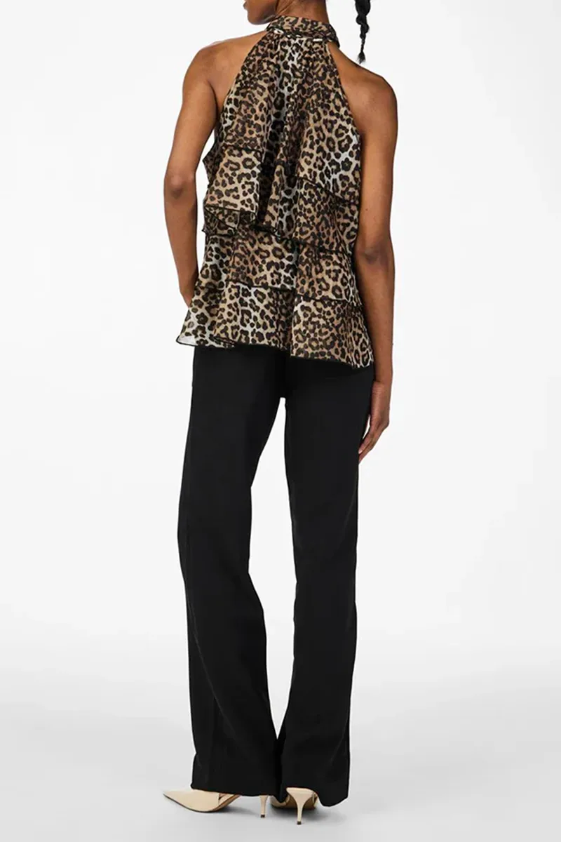 Leopard Tie Neck Tiered Halter Tops