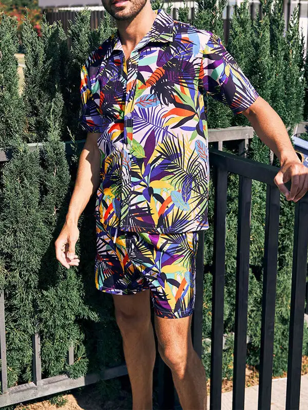 Men'S Hawaiian Print Short-Sleeved Casual Button-Front Resort Shirt + Casual Shorts Two-Piece Set