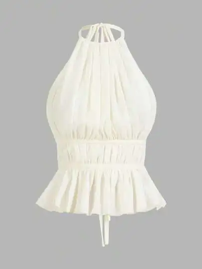 Pleated Halter Tie-Back Tank