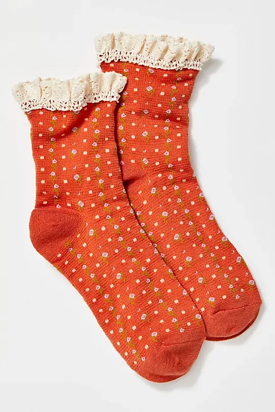 Floral Waffle Knit Socks Orange