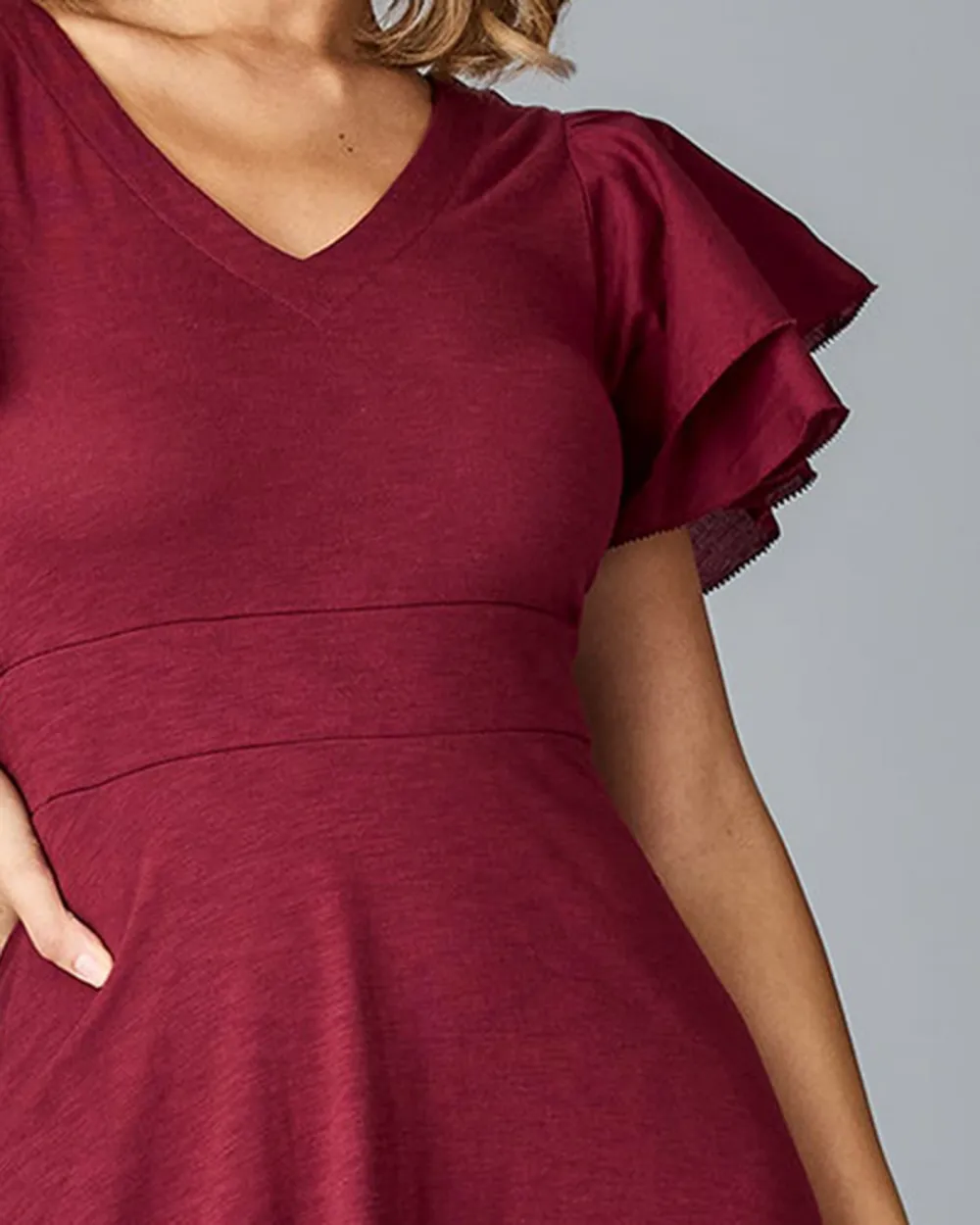 V Neck Flutter Sleeves Midi Dress