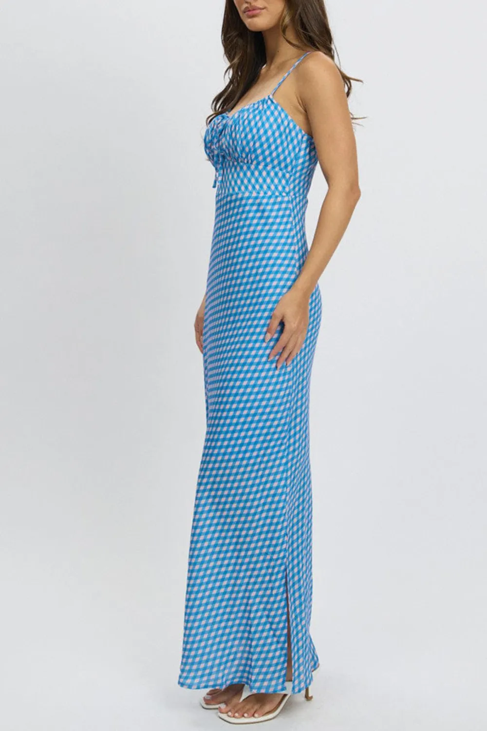 Blue Check Midi Dress Gathering Bust Sleeveless