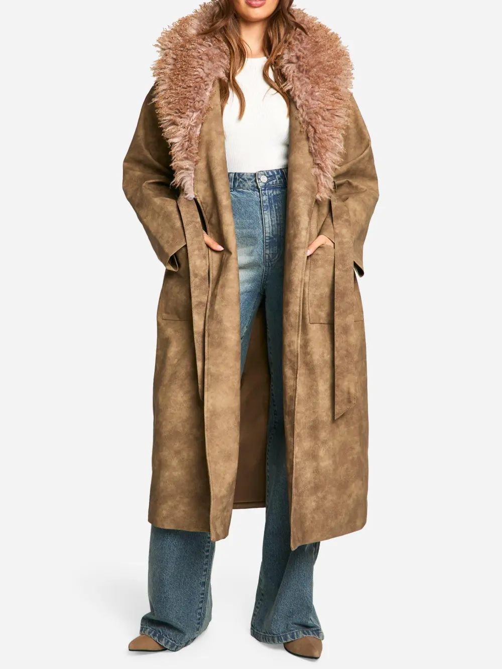 BROWN VINTAGE LOOK FAUX LEATHER TRENCH COAT