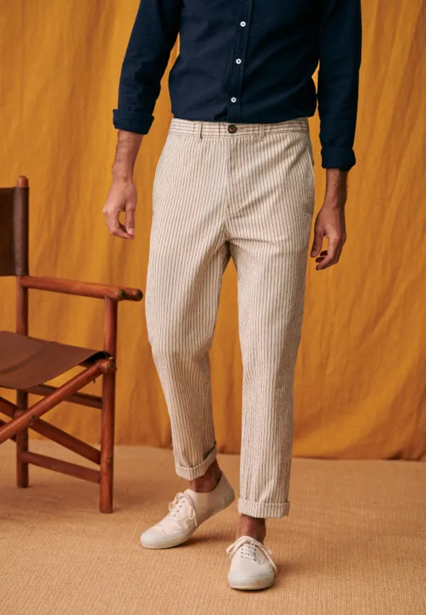Trousers-Seersucker Beige Green Stripes