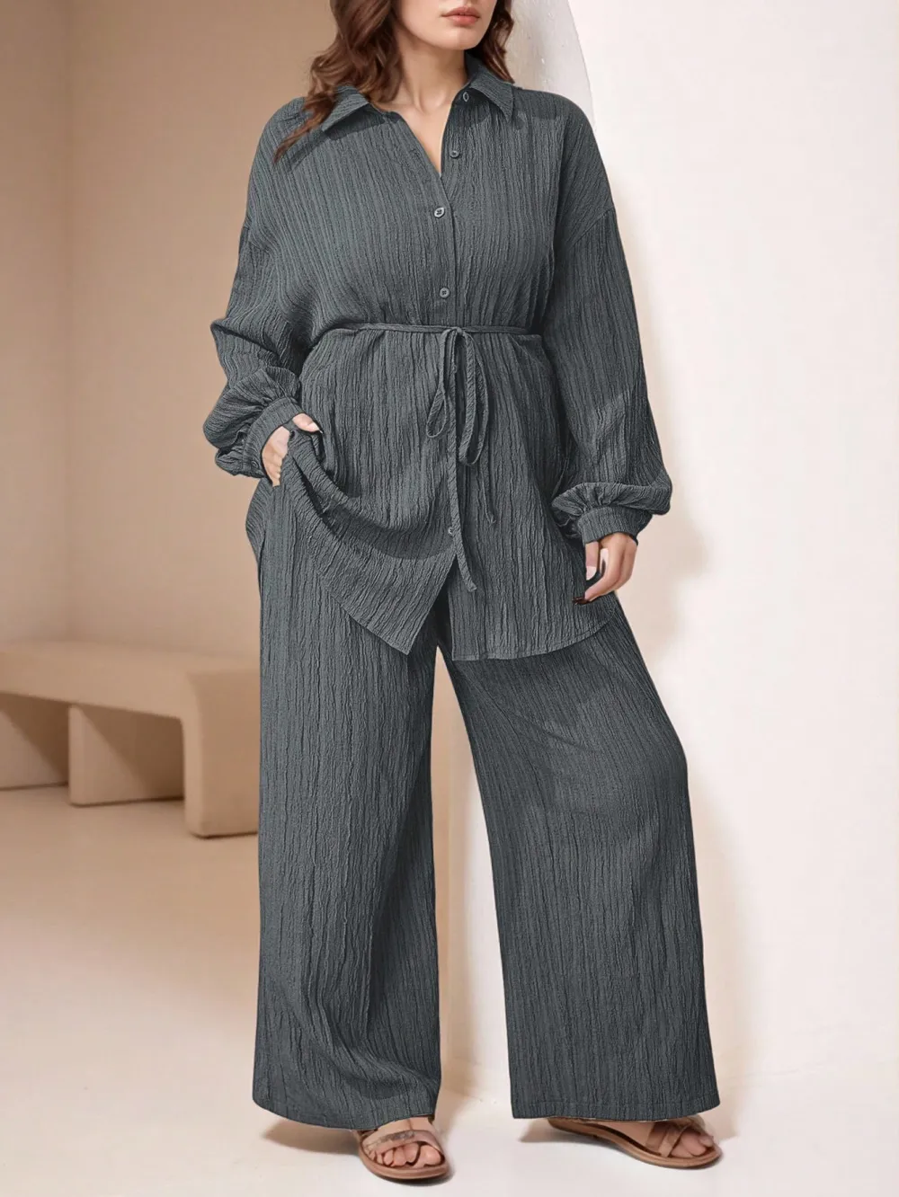 Women's Plus Size Plain Button-Up 2pc Set