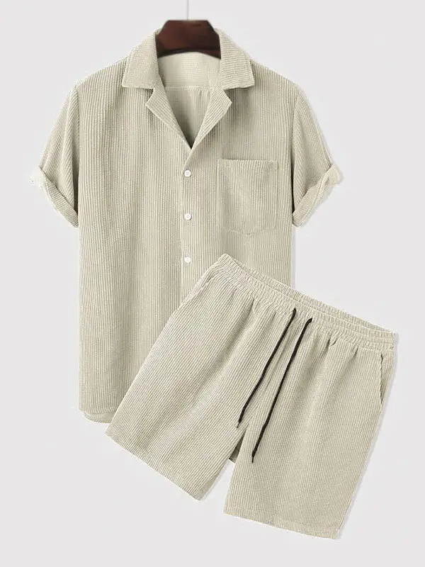 Men'S Retro Corduroy Casual Lapel Solid Button Short Sleeve Shirt Shorts Set