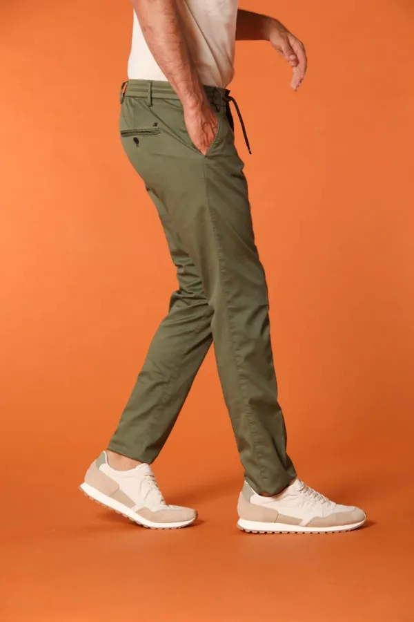 Men'S Green Cotton Twill Elastic Waist Slim Fit Trousers