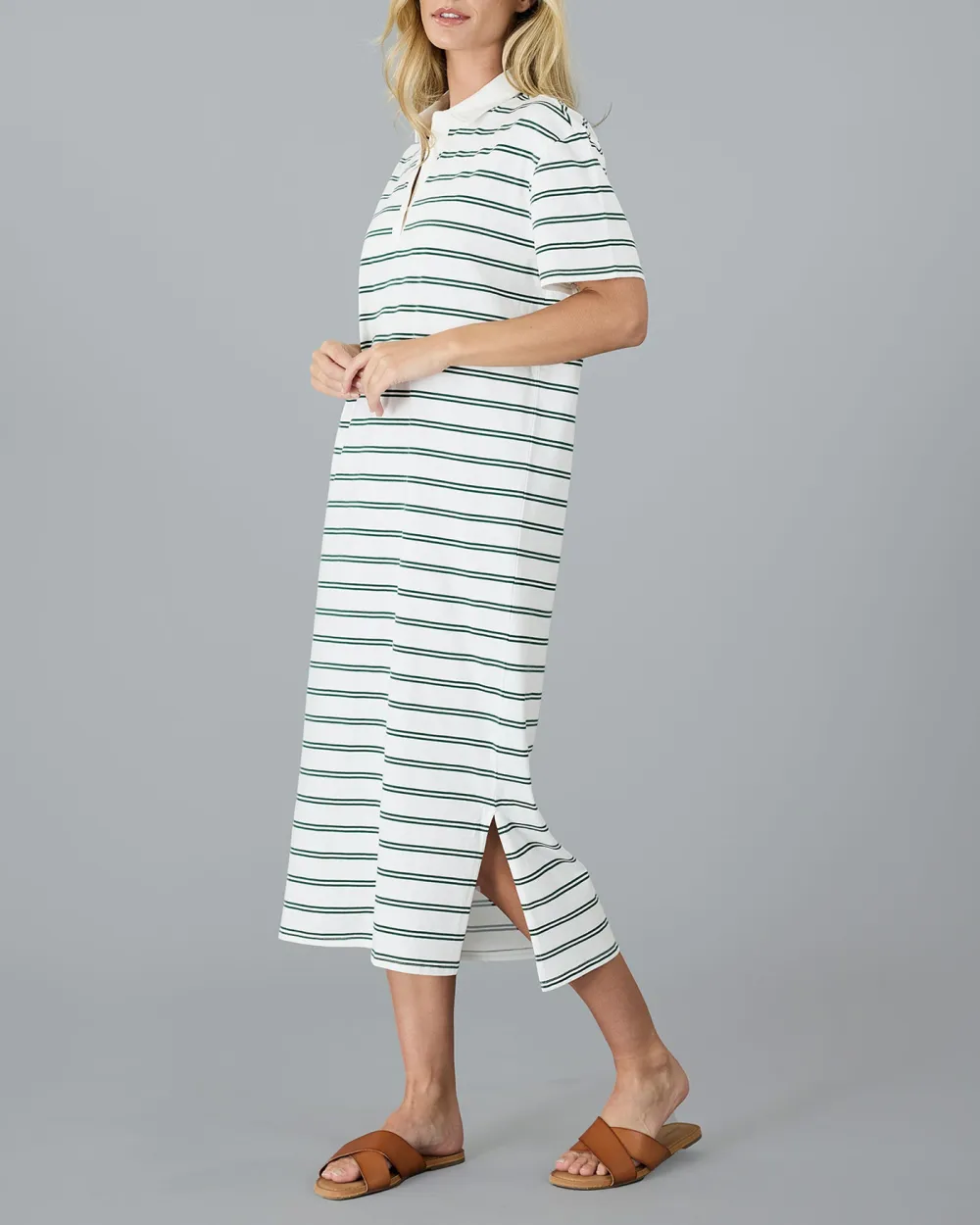 Green Polo Stripe Puff Sleeves Dress