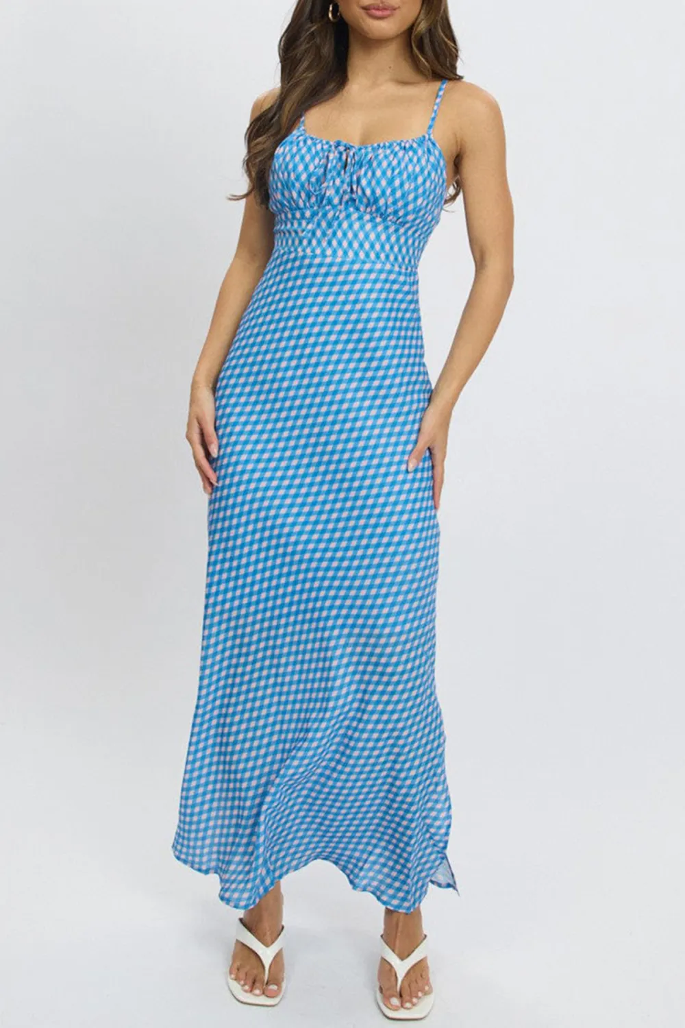 Blue Check Midi Dress Gathering Bust Sleeveless