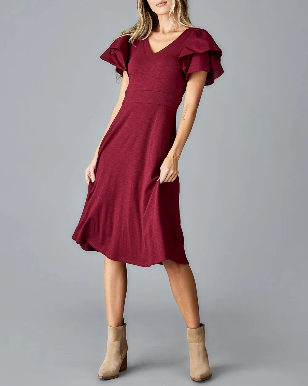 V Neck Flutter Sleeves Midi Dress