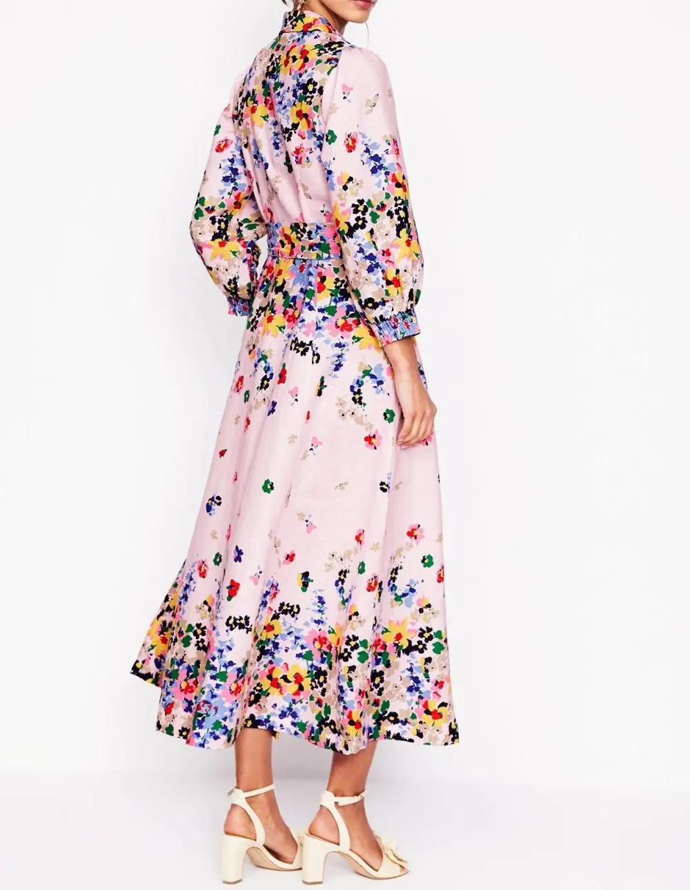 Pink and White Floral Long - Sleeve Maxi Dress