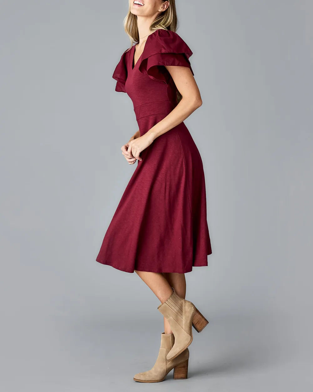 V Neck Flutter Sleeves Midi Dress