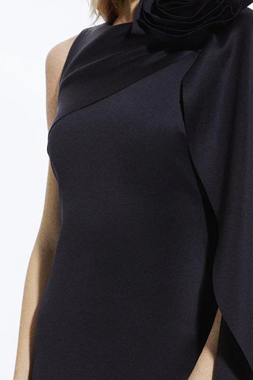 Scuba Crepe Dramatic Rosette Woven Cape Midi Dress