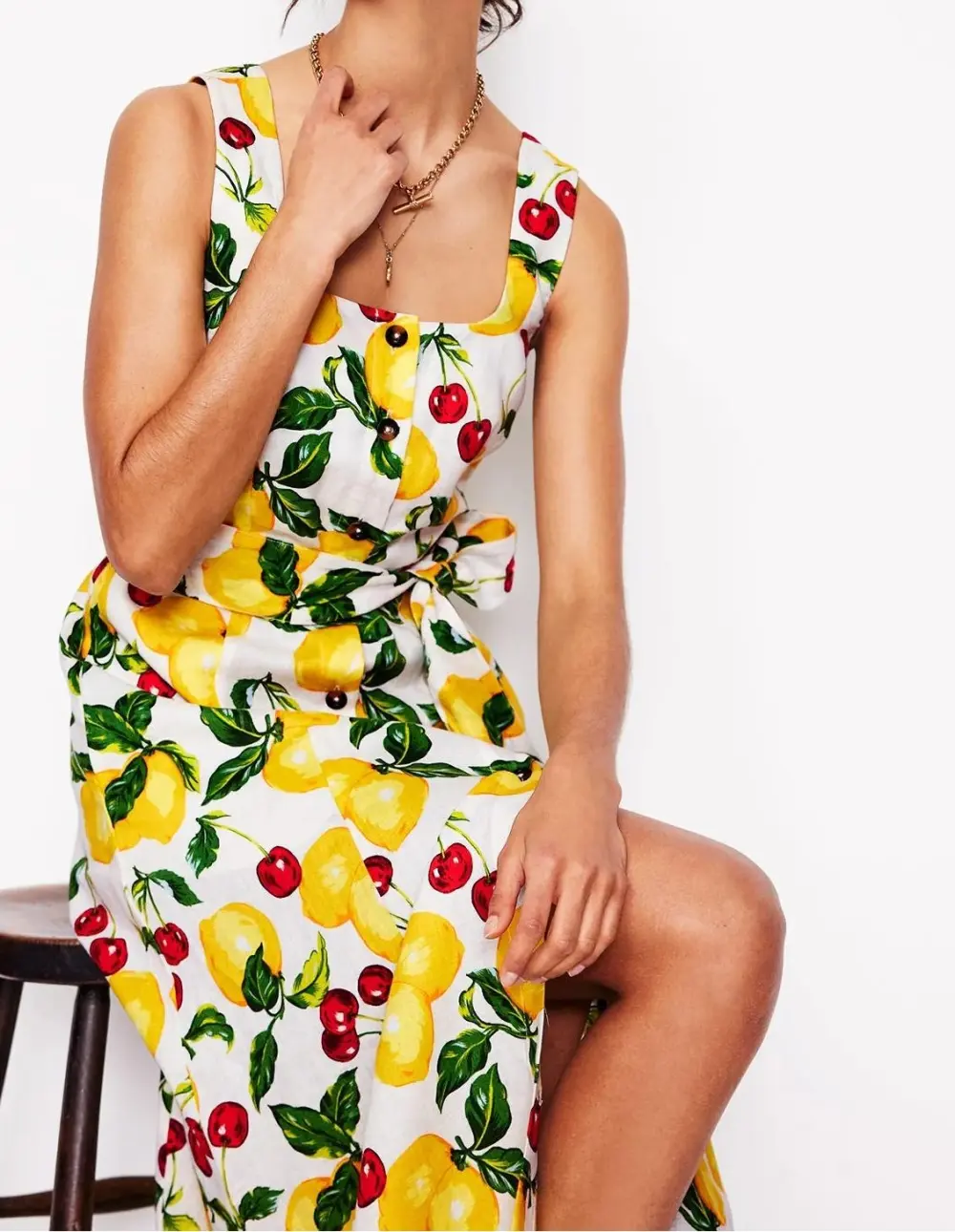 Lemon - Print Spaghetti - Strap Midi Dress