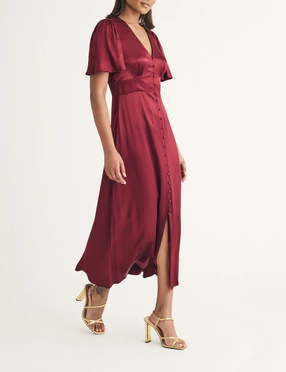 Red Satin Bridesmaid Midi Dress