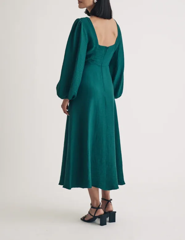 Emerald Green Balloon Sleeve Midi Dress