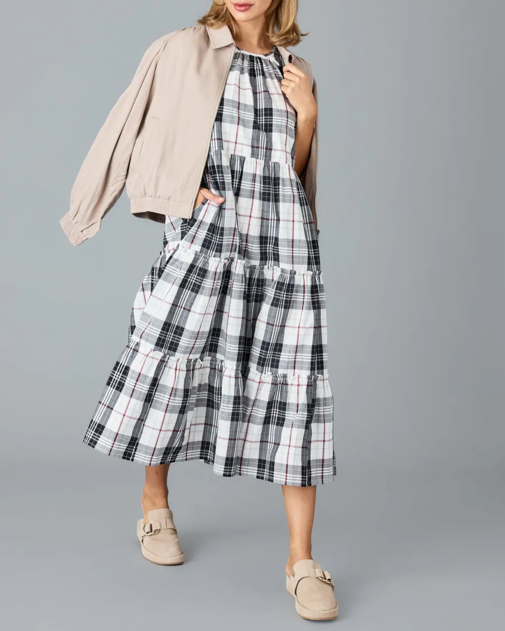 Black And White Plaid Midi Dress