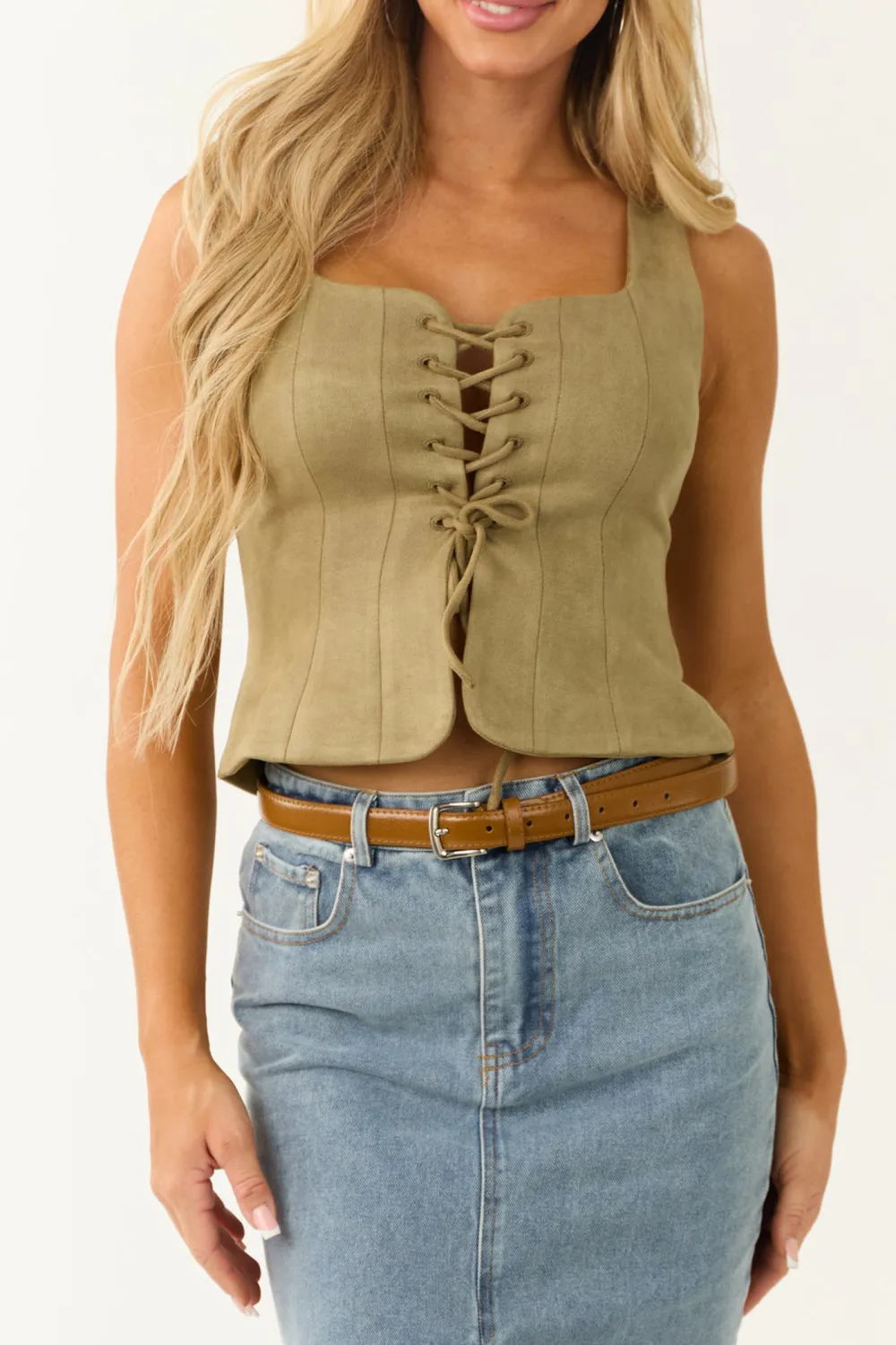 Faded Olive Princess Line Front Tie Cropped Top