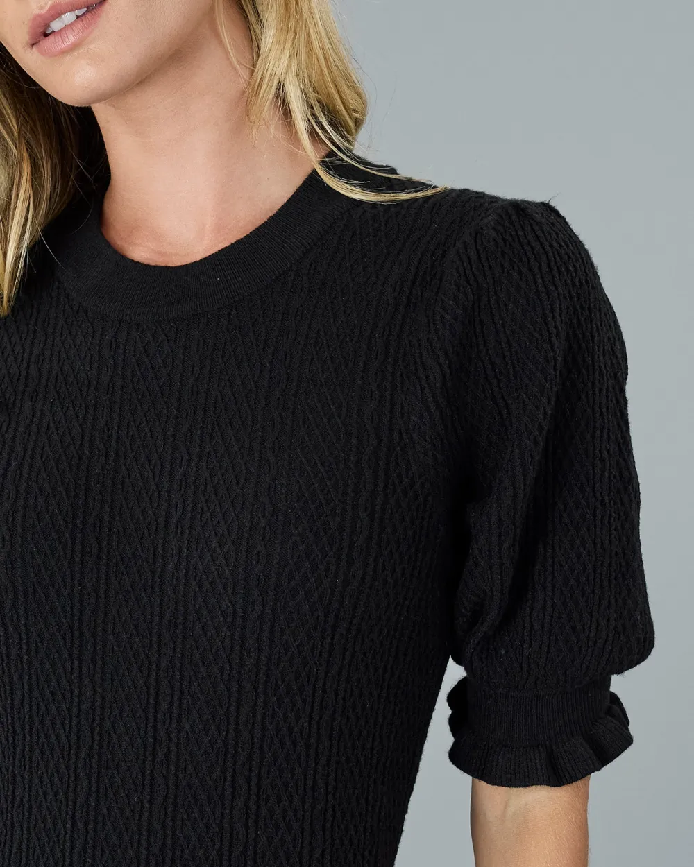 Black Textured Short Sleeve Sweater