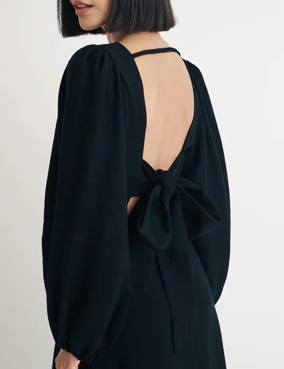 Black Backless Long Sleeve A-Line Midi Dress